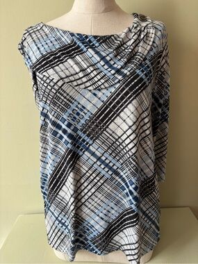 Classic edition Asymmetrical Draped Neck Plaid Tunic Blue/Black White Sz S